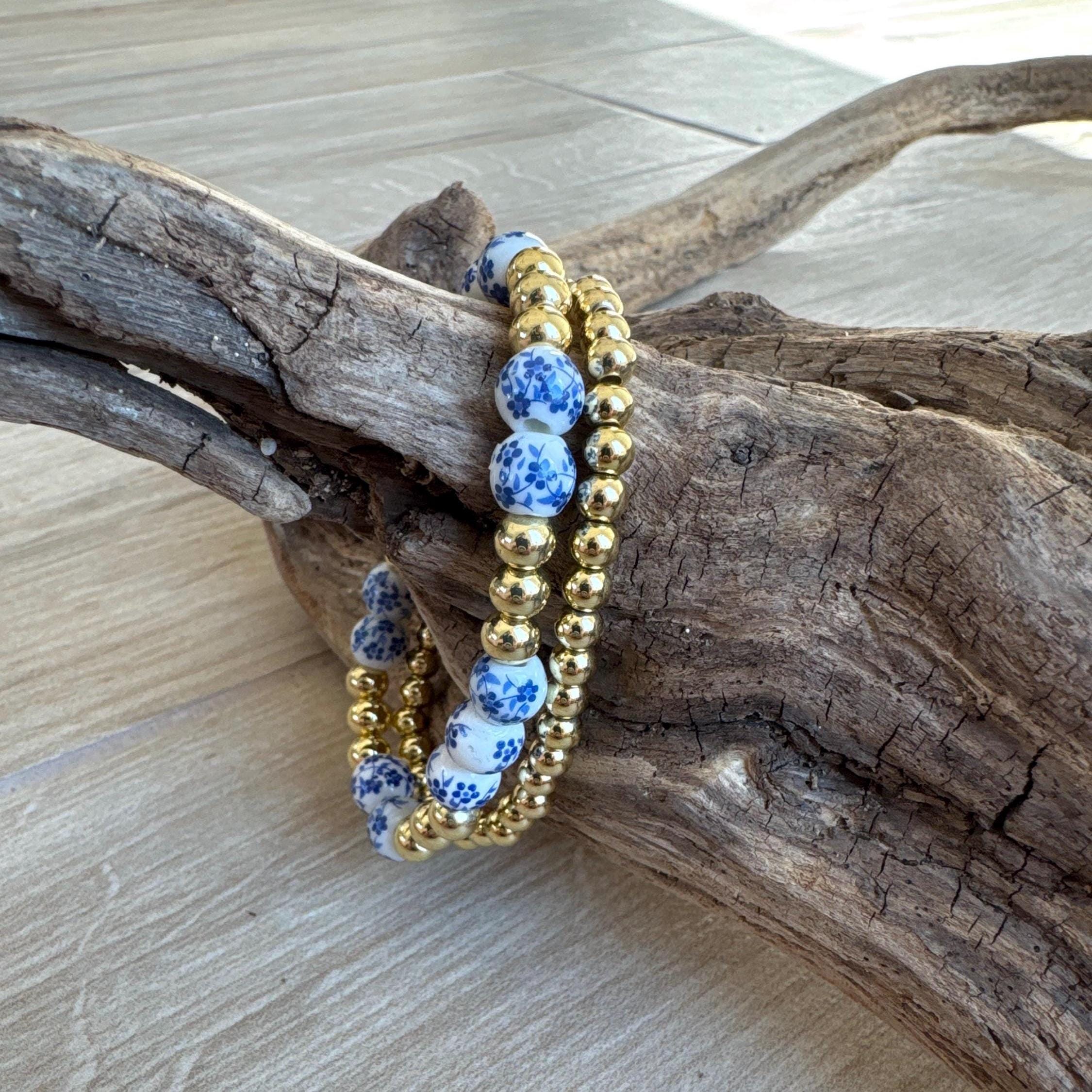 Blue & White Ceramic Beaded Bracelets: Gold Accent Stackable