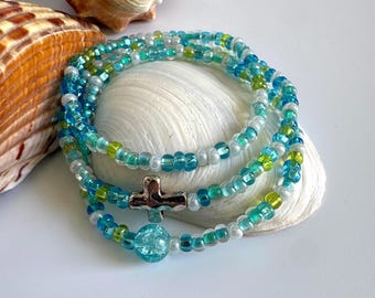 Beaded Bracelets for Her, Tiny Seed Beads Multi-Colored Stackable Boho Cross Charm Beach & Street Wear Accessories