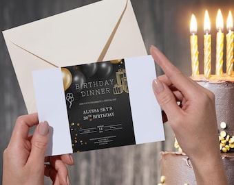 May include: A birthday dinner invitation with a black and gold design, held in front of a chocolate cake with lit candles. The invitation reads "Birthday Dinner" and "Alyssa Sky's 30th Birthday."