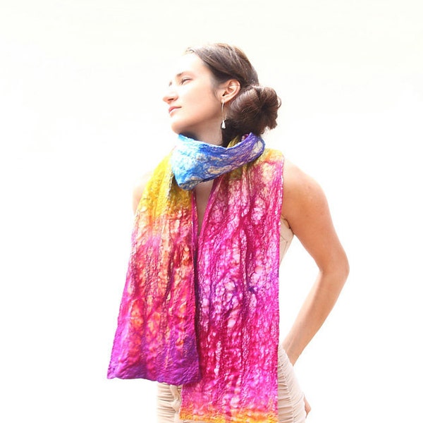 OOAK Nunofelted textured scarf Neon pink Rainbow nuno felted scarf christmas preview gift guide