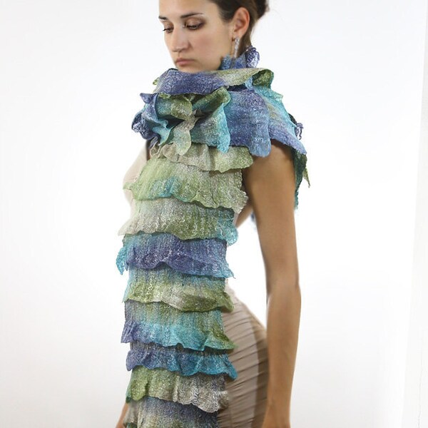 Winter fashion Cobweb Felted ruffle scarf row blue green white christmas gift under 80 100 winter holiday gift for her