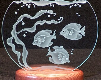 Carved Glass Fish Bowl 9 inch Circle in Handcrafted Wooden Base