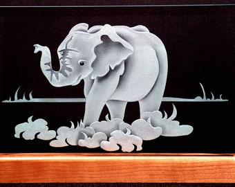 Carved Glass Elephant Baby on Rectangle in Handcrafted Wooden Base