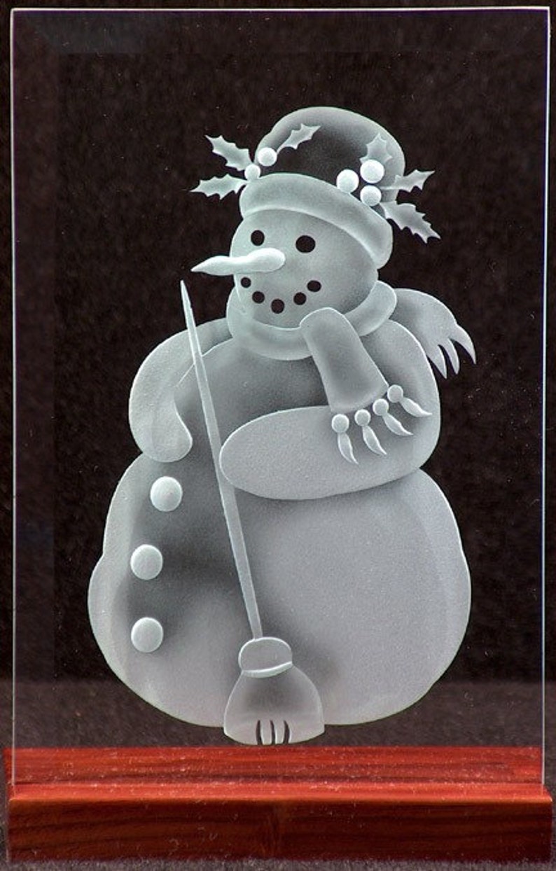 Carved Glass Snowman in Handcrafted Wooden Base image 1