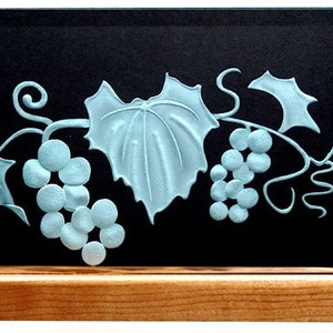 Carved Glass Grape Vine in Handcrafted Wooden Base