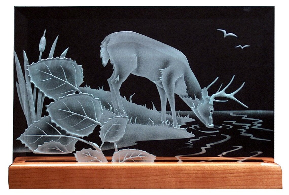 Carved Glass Drinking Deer in HAndcrafted Wooden Base Etsy