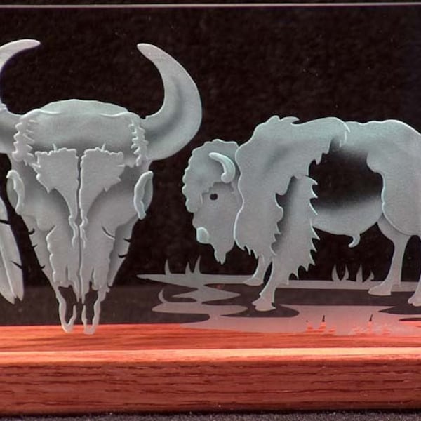 Carved Glass Skull and Buffalo in Handcrafted Wooden Base