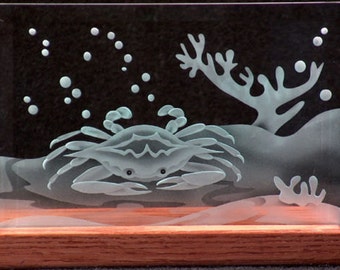 Carved Glass Reef and Crab 6x9 Rectangle in Hard Crafted Wooden Base