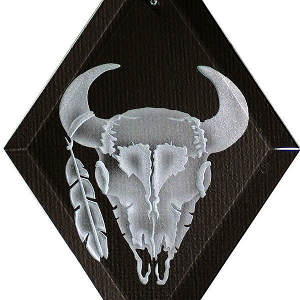 Carved Glass Cow Skull Hanging Suncatcher