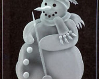 Carved GlassSnowman with Broom  on 6x9 Beveled glass with Handcrafted Base