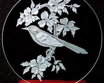 Carved Glass Mocking Bird on 9 inch Circle with Handcrafted Base