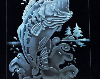 Carved Glass Jumping Bass on 6x9 inch Rectangular Glass in Handcrafted Wooden Base