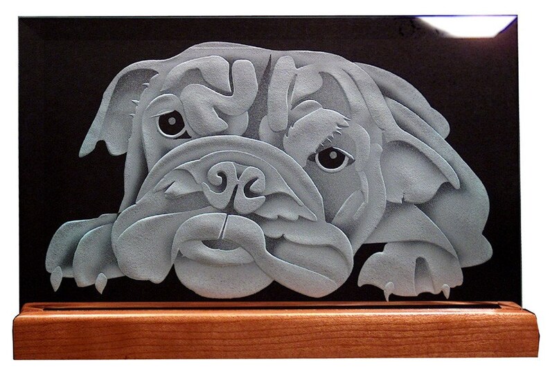 Carved Glass Bulldog Puppy in Handcrafted Wooden Base image 1