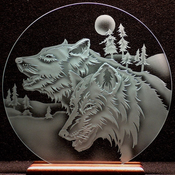 Carved Glass Wolves with Moon 12 inch Circle in Base