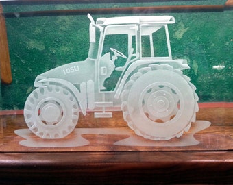 Carved Glass International Harvester Case Tractor 150U in Hand Carved Wooden Base