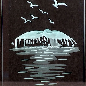 Carved Glass Whale Tail in Handcrafted Wooden Base
