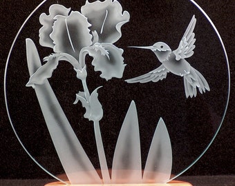 Carved Glass Beared Iris and Hummingbird 12 inch Circle with Base