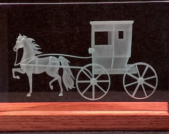 Carved Glass Horse and Buggy in Handcrafted Wooden Base