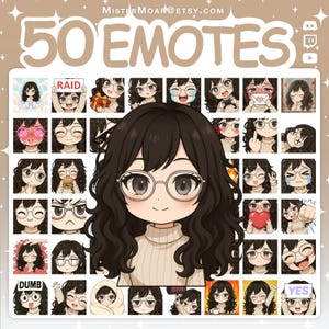 以下が含まれることがあります： 長いウェーブのかかったダークヘアと丸いメガネをかけた漫画のキャラクターの50個の絵文字のデジタルコレクション。キャラクターは、RAID、DUMB、YESと書かれた看板を持つなど、さまざまな表情やポーズで描かれており、背景はベージュ色です。