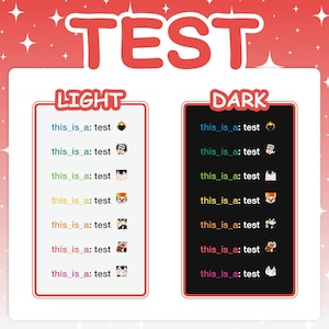 Test image demonstrating how the emotes look in chat on both light and dark mode. The left panel shows emotes on a white background, and the right panel shows them on a black background, proving they are optimized with no outlines.