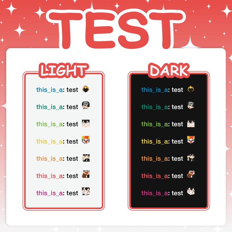 Test image demonstrating how the emotes look in chat on both light and dark mode. The left panel shows emotes on a white background, and the right panel shows them on a black background, proving they are optimized with no outlines.