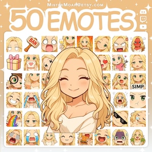 Peut inclure: Une collection numérique de 50 émoticônes de style anime représentant un personnage blond avec diverses expressions et actions. Le texte 50 EMOTES est affiché en haut, avec l'adresse e-mail MISTERMOAR@ETSY.COM et des icônes de réseaux sociaux.