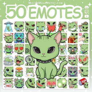 Può includere: Una collezione digitale di 50 emote di gatto alieno verde con varie espressioni e azioni, inclusi cartelli con le scritte RAID, HYPE, NO e BAN. Il set include una grande illustrazione centrale di un gatto alieno con le antenne.
