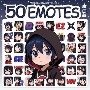 Emotes de Twitch, Emotes de chico chibi, Emotes de Discord, Emotes de anime, Emotes de ninja, Emotes de YouTube, Pack de Emotes, Emotes azules, Emotes con capucha