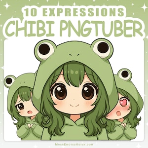 May include: Illustration of three chibi characters wearing green frog hoodies. The image has the text "10 Expressions Chibi PNGTuber" in a green font. The characters have large brown eyes and varying expressions, with one showing a heart-shaped blush.