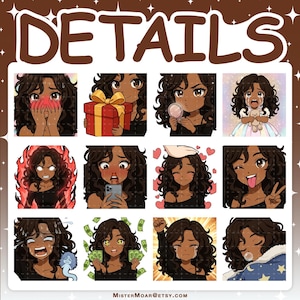 May include: A digital sticker sheet featuring twelve anime-style illustrations of a character with long dark curly hair and brown skin, displaying various emotions and actions, with the word DETAILS at the top and MISTERMOAR@ETSY.COM at the bottom.