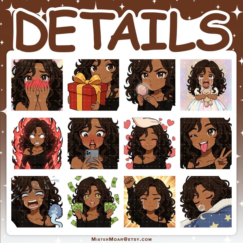 May include: A digital sticker sheet featuring twelve anime-style illustrations of a character with long dark curly hair and brown skin, displaying various emotions and actions, with the word DETAILS at the top and MISTERMOAR@ETSY.COM at the bottom.
