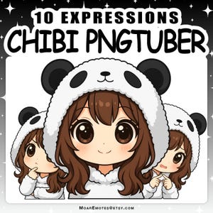 Peut inclure: Illustration numérique de trois personnages chibi portant des sweats à capuche panda. Le texte "10 Expressions Chibi PngTuber" est inclus. Les personnages ont les cheveux bruns et de grands yeux.