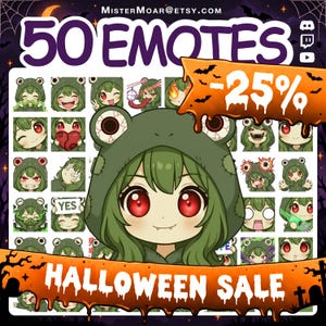 Könnte beinhalten: Eine digitale Sammlung von 50 Emotes, die eine Figur mit grünen Haaren und roten Augen in einem Frosch-Kapuzenpullover zeigt. Das Set enthält verschiedene Ausdrücke mit den Texten 50 EMOTES, -25% und HALLOWEEN SALE.