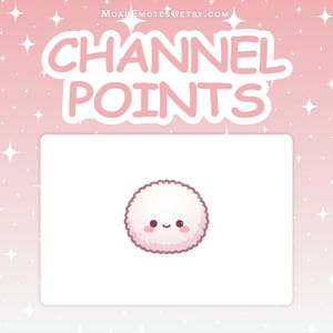 Pode incluir: Gráfico rosa e branco com o texto "CHANNEL POINTS" em fonte de bolhas. Abaixo, um retângulo branco com um personagem fofo, branco e rosa com um rosto sorridente.