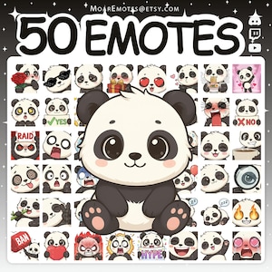 Könnte beinhalten: Eine Sammlung von 50 Panda-Emotes mit verschiedenen Ausdrücken, darunter solche mit Sonnenbrillen, Herzen und Geschenken. Das Bild zeigt einen großen Panda in der Mitte, mit dem Text "50 EMOTES" oben.