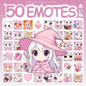 Könnte beinhalten: Ein rosa Grafik mit 50 Emotes zum Thema Hexe. Das zentrale Bild ist eine niedliche Anime-Hexe mit weißen Haaren und einem rosa Hut. Verschiedene Emotes zeigen einen Totenkopf, Herzen und Text wie "HI" und "RAID". Der Text "50 EMOTES" steht oben.