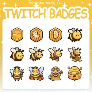 Może przedstawiać: Zestaw dwunastu cyfrowych odznak Twitch z ilustracjami pszczół, w tym plastry miodu, larwy, pszczoły robotnice, królowa pszczół z berłem oraz ul. Tekst MISTERMOAR@ETSY.COM oraz TWITCH BADGES znajduje się w górnej części obrazu.
