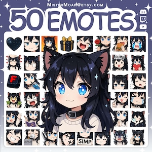 Könnte beinhalten: Eine digitale Sammlung von 50 Anime-Emotes, die einen Charakter mit schwarzen Haaren, Katzenohren und blauen Augen zeigen. Das Set enthält verschiedene Ausdrücke, mit dem Text 50 EMOTES und MISTERMOAR@ETSY.COM am oberen Rand.