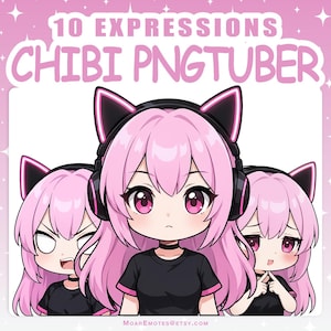 May include: Digital artwork of three chibi characters with pink hair and cat ear headphones, each with a different facial expression. The text at the top says "10 EXPRESSIONS CHIBI PNGTUBER". The characters are wearing black tops.