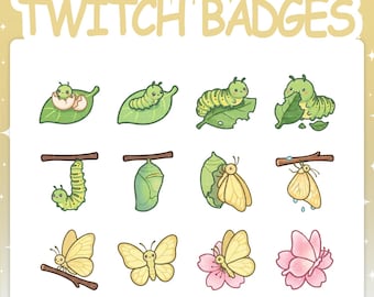 Twitch Badges | 12 Caterpillar to Butterfly Sub Badges Set with 2 Tier Flairs for Stream