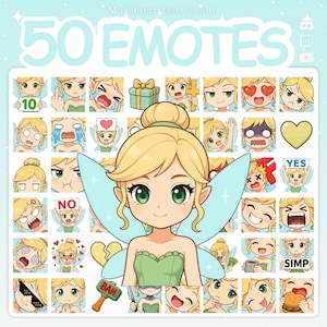 Könnte beinhalten: Digitale Illustration einer blonden Fee mit grünen Augen und Flügeln, umgeben von 50 Emotes. Die Emotes zeigen verschiedene Ausdrücke und Symbole, mit dem Text "50 EMOTES" oben.
