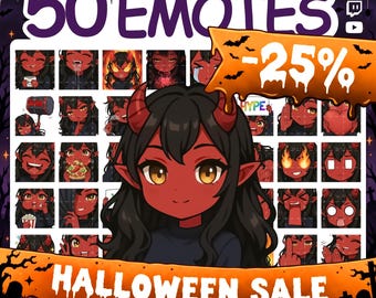May include: A digital collection of 50 anime-style emotes featuring a red-skinned demon character with black hair and horns. The display includes various expressions and actions, with text overlays reading 50 EMOTES, -25%, and HALLOWEEN SALE.