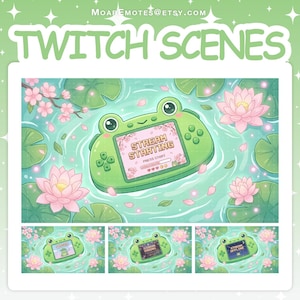 May include: A digital illustration of Twitch scenes featuring a green frog-shaped game console in a pond with lily pads and pink flowers. The console displays "Stream Starting" and other stream status messages. The image includes the text "Twitch Scenes".