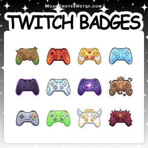 Op de afbeelding: Een verzameling van twaalf kleurrijke Twitch-badges met verschillende controllerontwerpen. Elke controller heeft een uniek thema, waaronder hout, vuur, melkwegstelsel en tandwielen. De tekst "TWITCH BADGES" staat bovenaan de afbeelding.