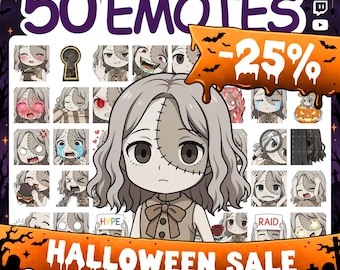 May include: A digital collection of 50 emotes featuring a character with light hair and a stitched forehead scar in various expressions. The image includes text reading 50 EMOTES, HALLOWEEN SALE, -25%, and MISTERMOAR@ETSY.COM, with icons for Discord, Twitch, and YouTube.