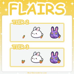 May include: A yellow graphic with the word "FLAIRS" at the top. The image features two tiers of bunny graphics. One bunny is white with a carrot, and the other is purple with stars and a carrot. The text "TIER 2" and "TIER 3" are also present.