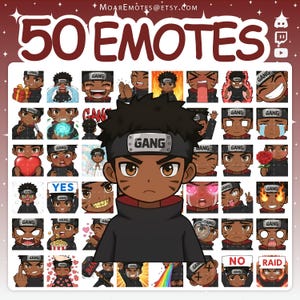 May include: A digital art graphic featuring 50 emotes with a cartoon character. The emotes display various expressions and actions, including holding gifts, crying, and displaying the word "YES". The character wears a black headband with "GANG" on it.