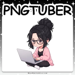 May include: A digital illustration of a character with black hair in a bun, wearing black-rimmed glasses, a pink cardigan, and a black top, sitting and typing on a silver laptop. The text PNGTUBER is at the top and MOAREMOTES@ETSY.COM at the bottom.