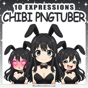 May include: Digital art featuring three anime-style characters with black hair and bunny ears. Each character wears a black outfit and a bow tie. The image includes the text "10 Expressions Chibi PNGTuber" at the top.
