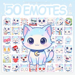 May include: A set of 50 emotes featuring a light blue cat with large purple eyes and a crescent moon collar. The emotes show different expressions and actions, with the text "50 EMOTES" at the top.